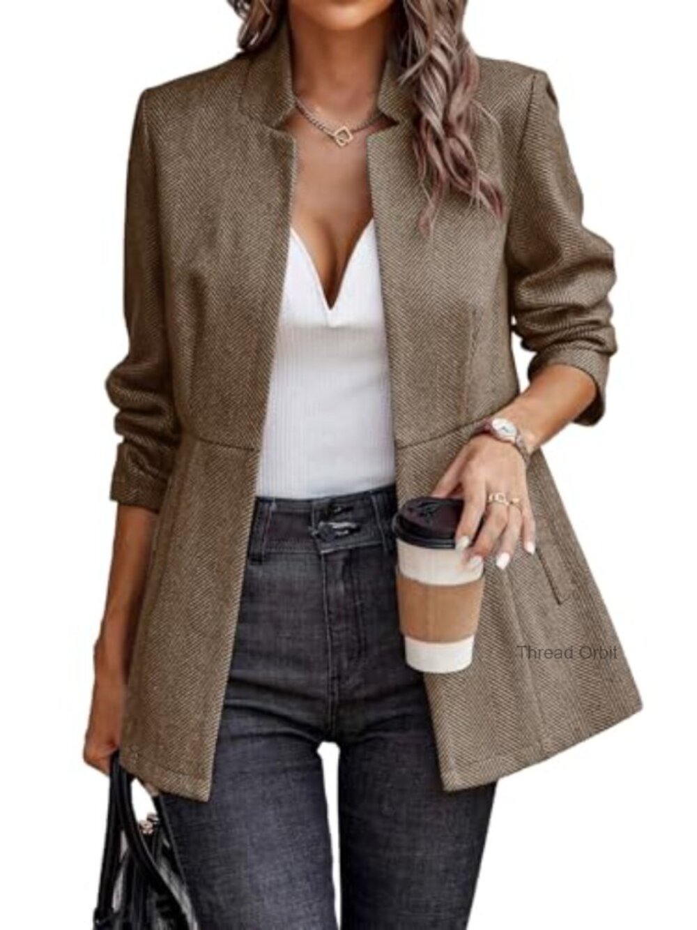 Women's Open Front Herringbone Blazer Long Sleeve Business Casual Work Jacket